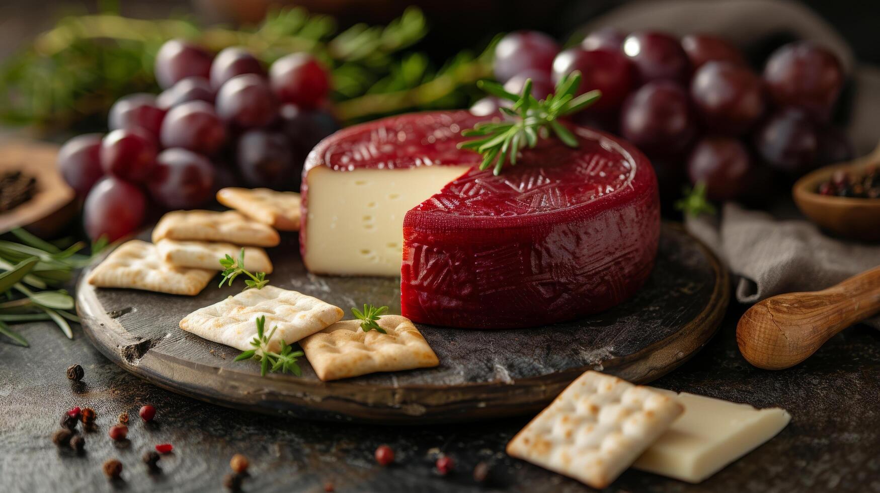 AI generated Plate With Cheese, Crackers, and Grapes photo