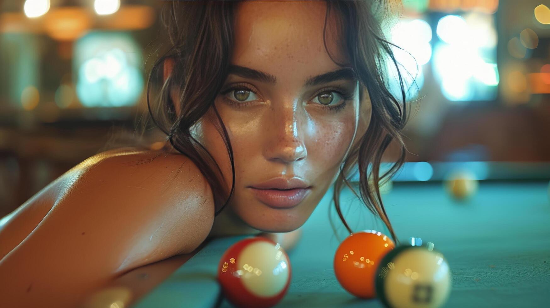 ai generado mujer propensión en piscina mesa con pelotas foto