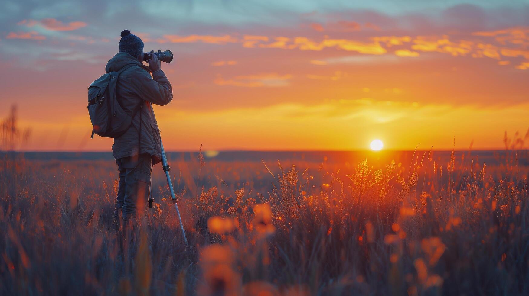 AI generated Man Observing Sunset Through Telescope photo