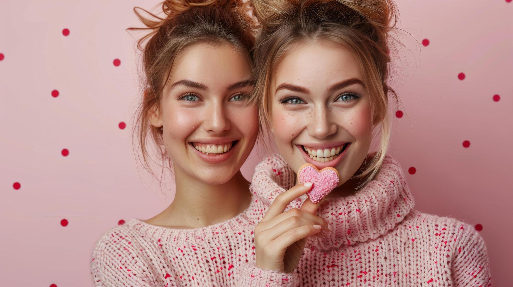 ai generado mujer comiendo rosado rosquilla en rosado sombrero y bufanda foto