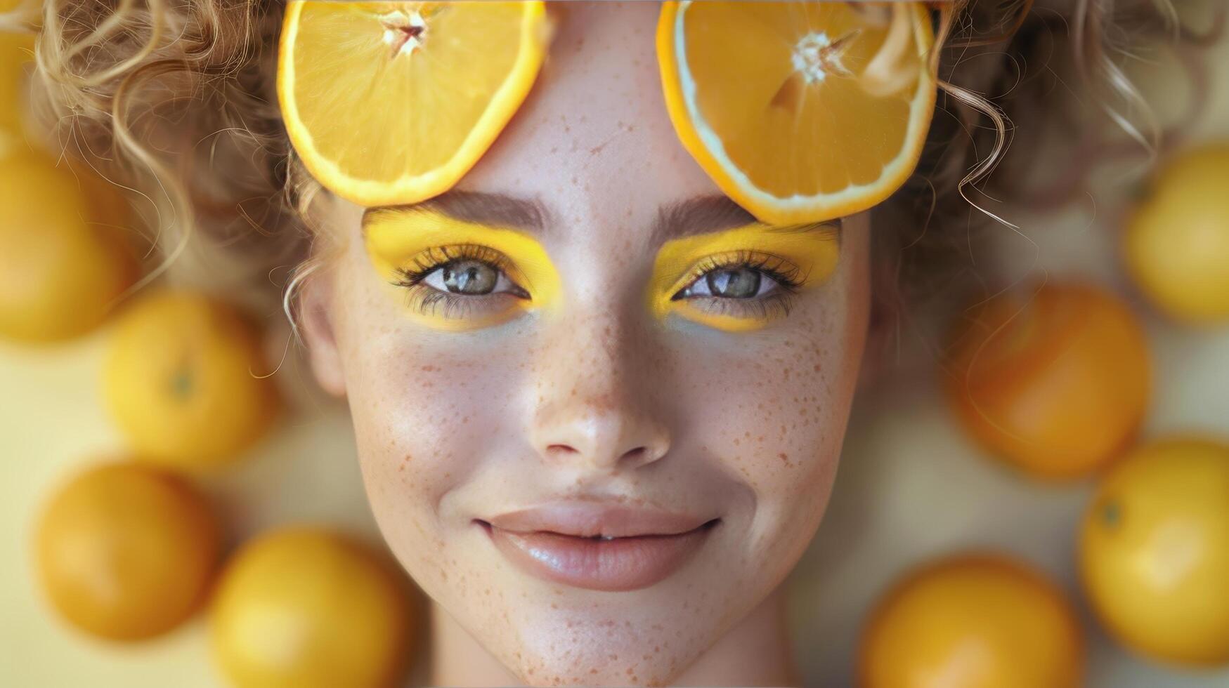 ai generado mujer con limón rebanadas y amarillo maquillaje foto