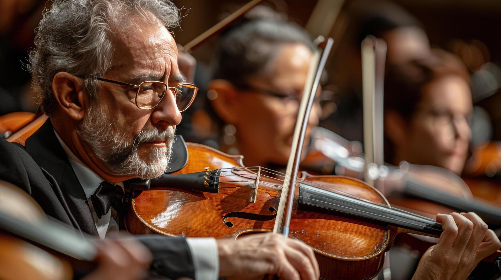 ai generado mayor hombre obras de teatro violín en orquesta foto