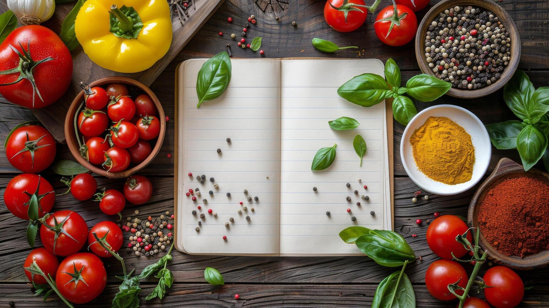 AI generated Open Notebook Surrounded by Vegetables and Spices photo