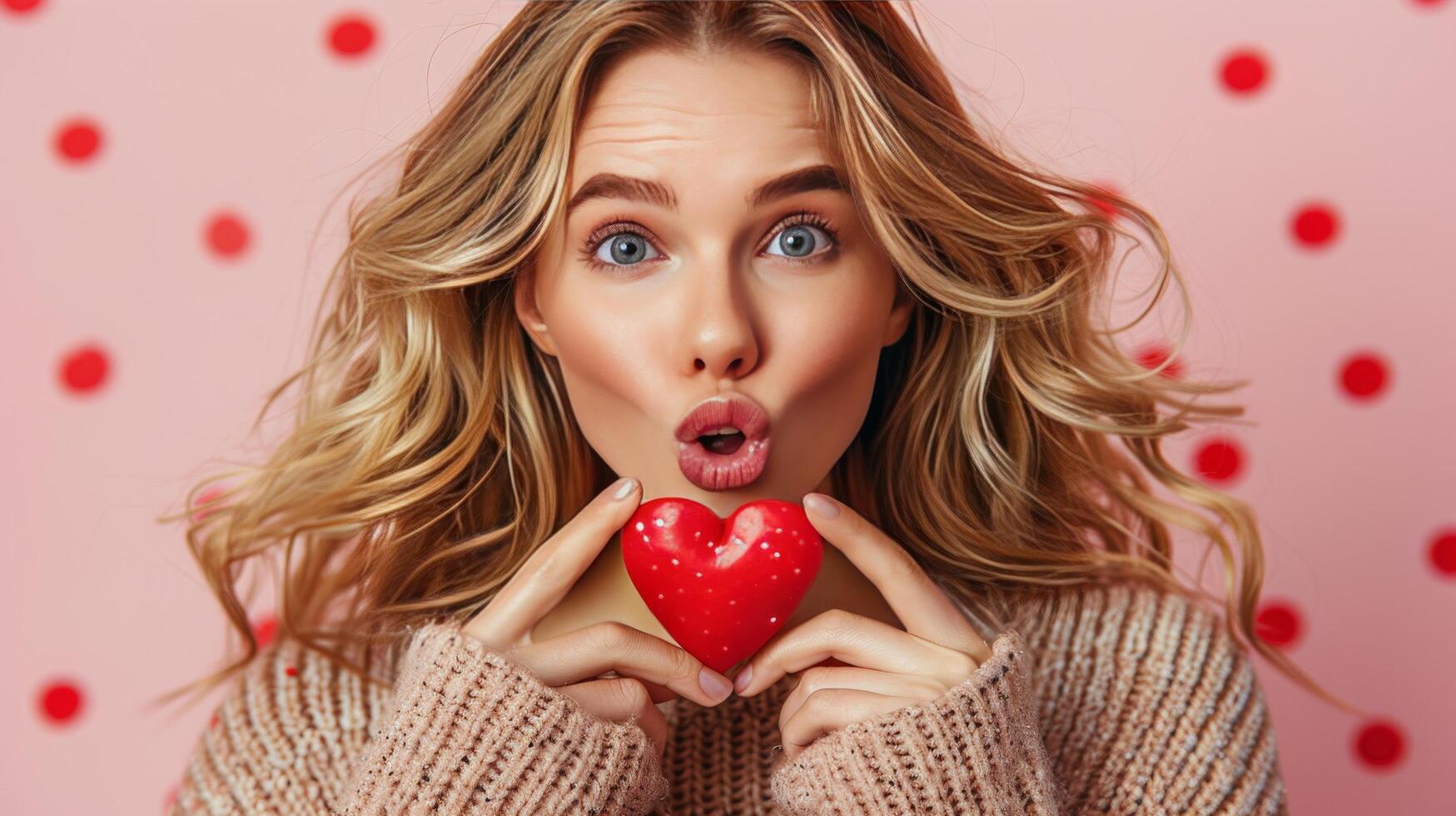 ai generado mujer comiendo rosado rosquilla en rosado sombrero y bufanda foto