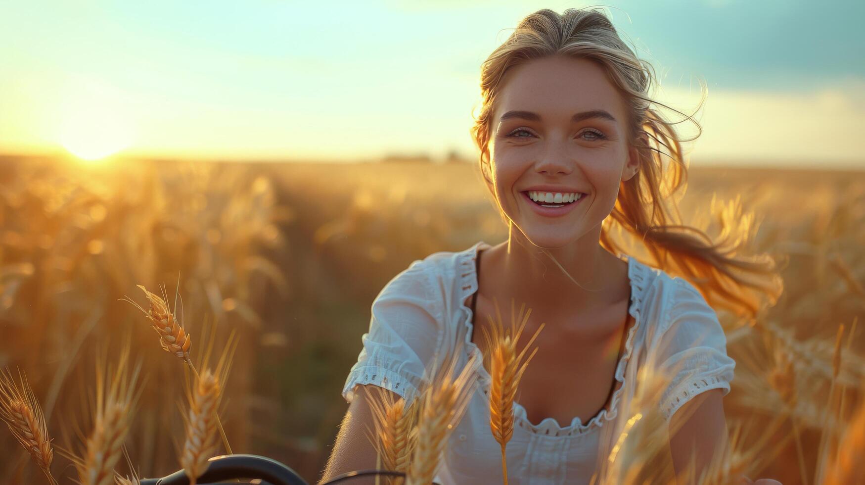 AI generated Woman Riding Bike Through Wheat Field photo