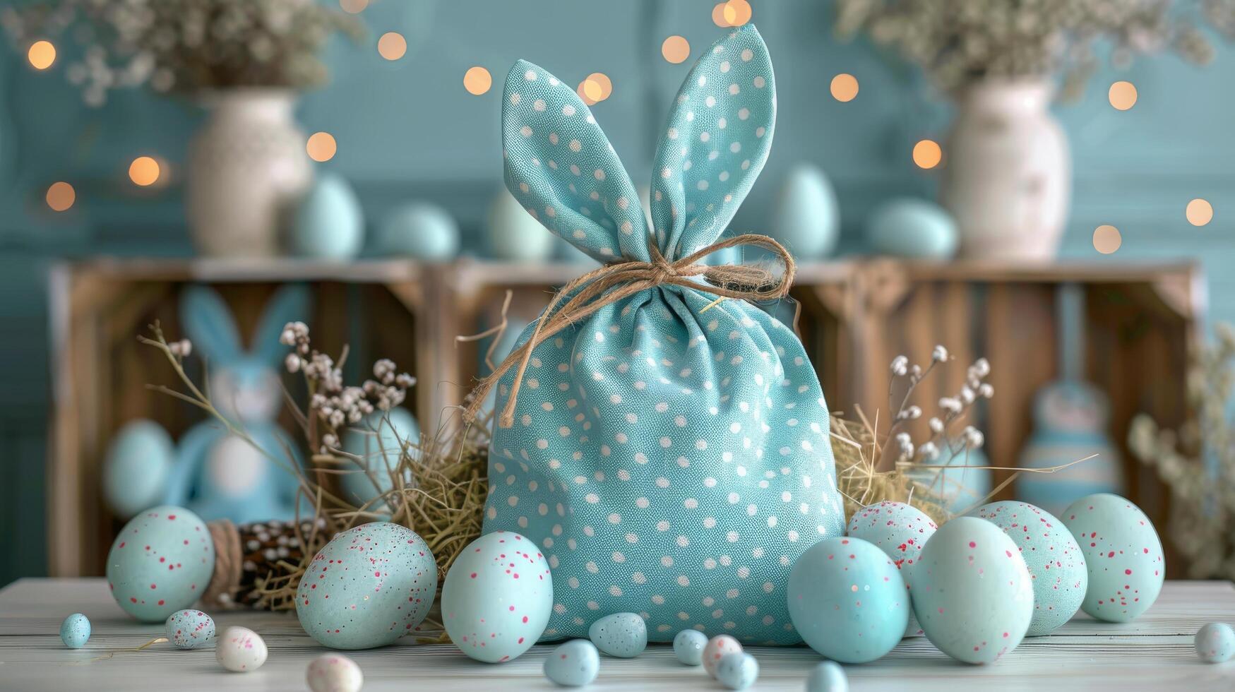 AI generated Bag of Pink and Blue Eggs on Table photo