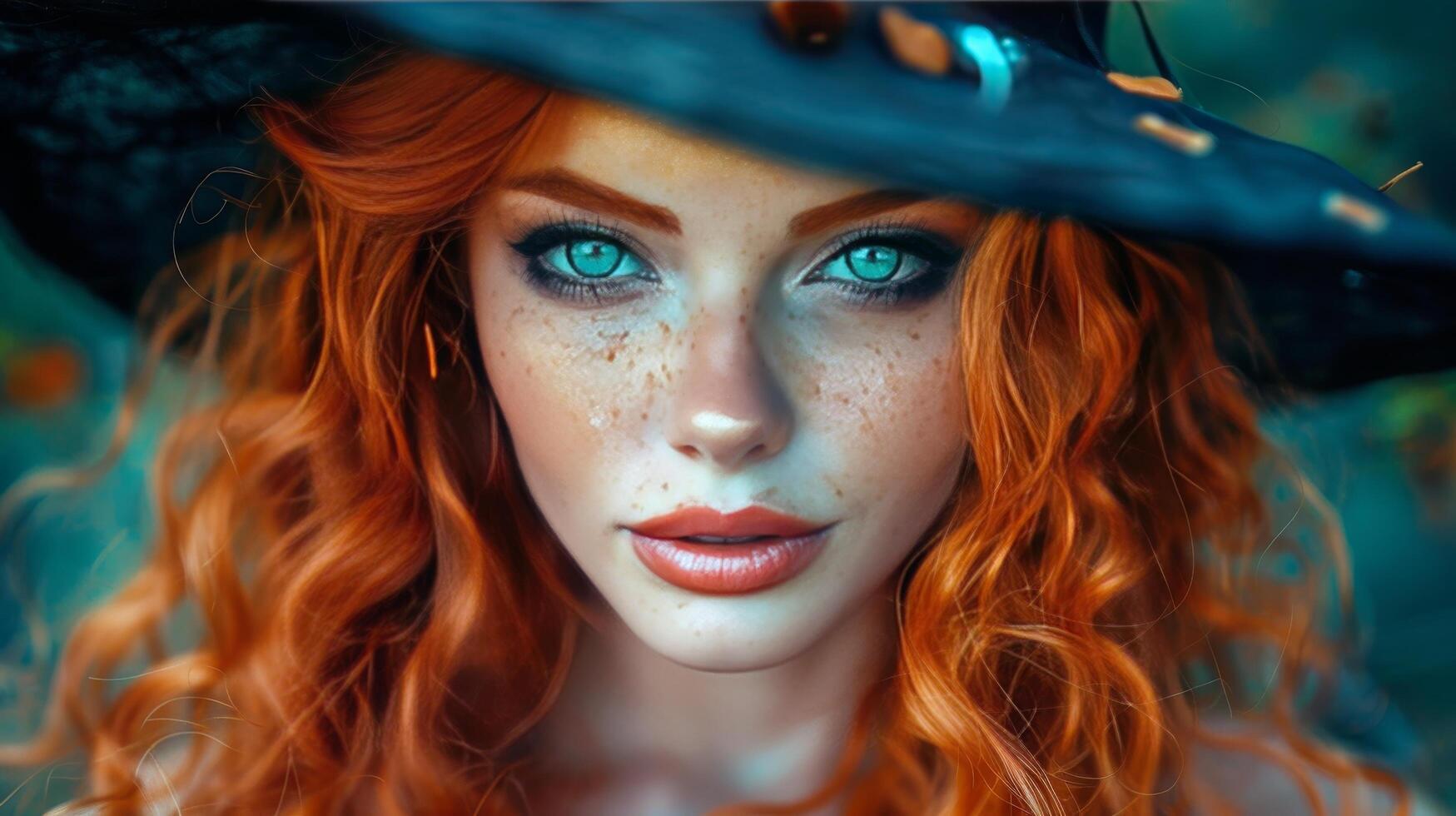 AI generated Red-Haired Woman in Witches Hat photo