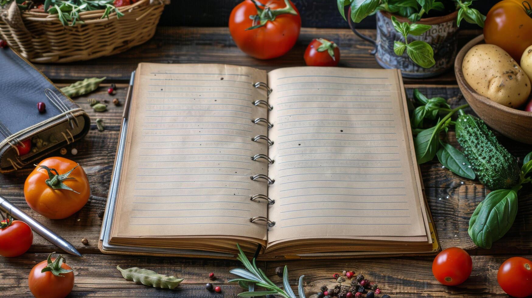 ai generado abierto cuaderno rodeado por vegetales y especias foto