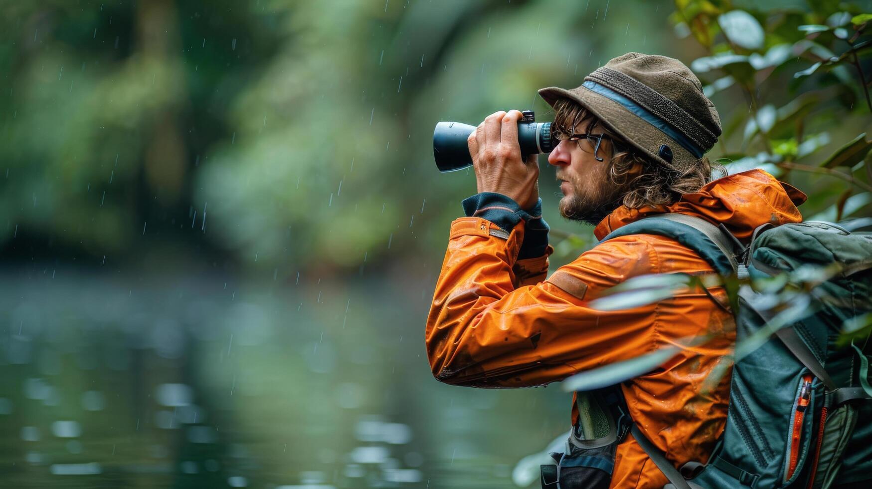 AI generated Woman in Yellow Jacket Taking Picture of Lake photo