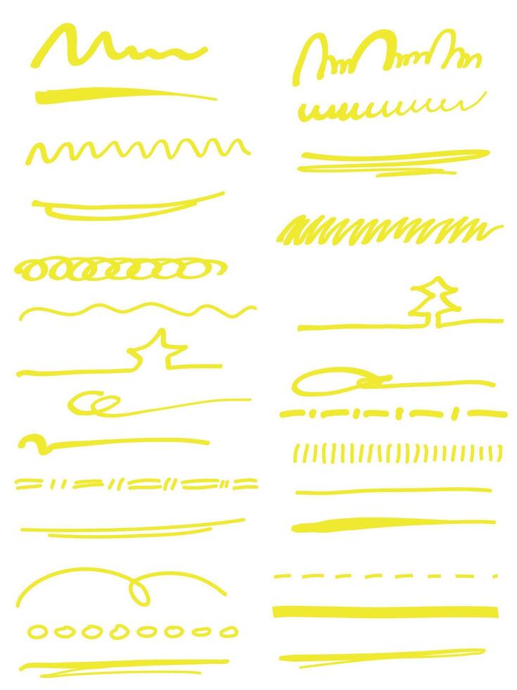 Yellow marker brush doodle strokes set of underlines strokes of marker brush style. Doodle strokes set. vector