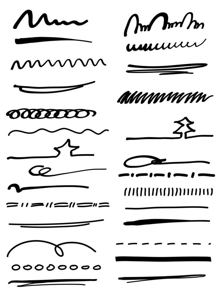 Grunge brushes set. Hand drawn collection of underlines strokes of marker brush style. Doodle strokes set. vector