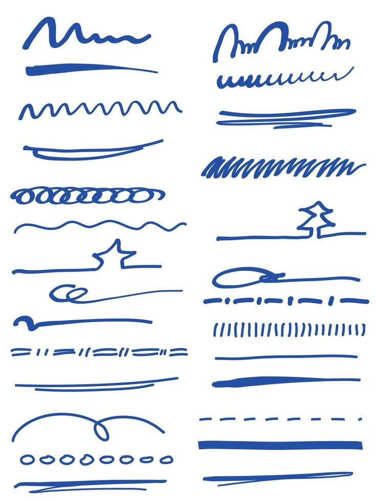 Dark blue grunge brushes set. Hand drawn collection of underlines strokes of marker brush style. Doodle strokes set. vector