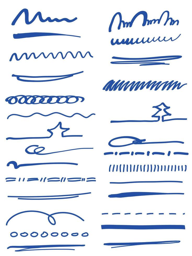 Dark blue grunge brushes set. Hand drawn collection of underlines strokes of marker brush style. Doodle strokes set. vector