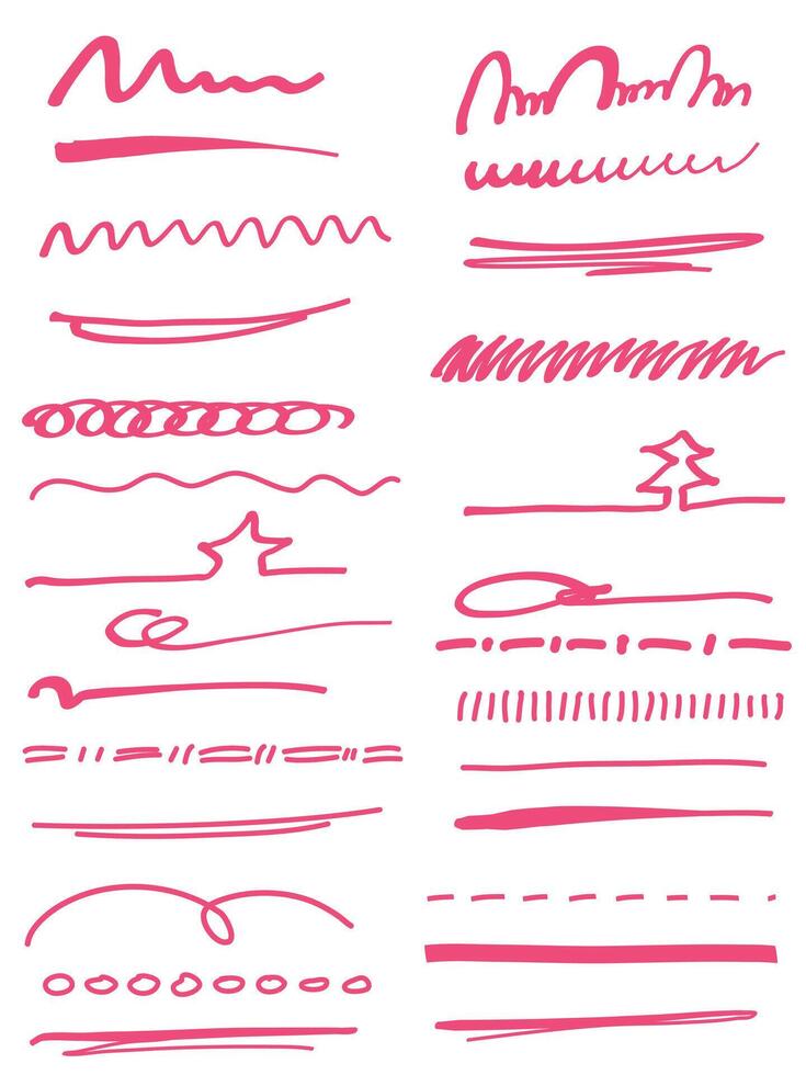 Pink red grunge brushes set of hand drawn underlines strokes. Marker brush doodle strokes set. vector