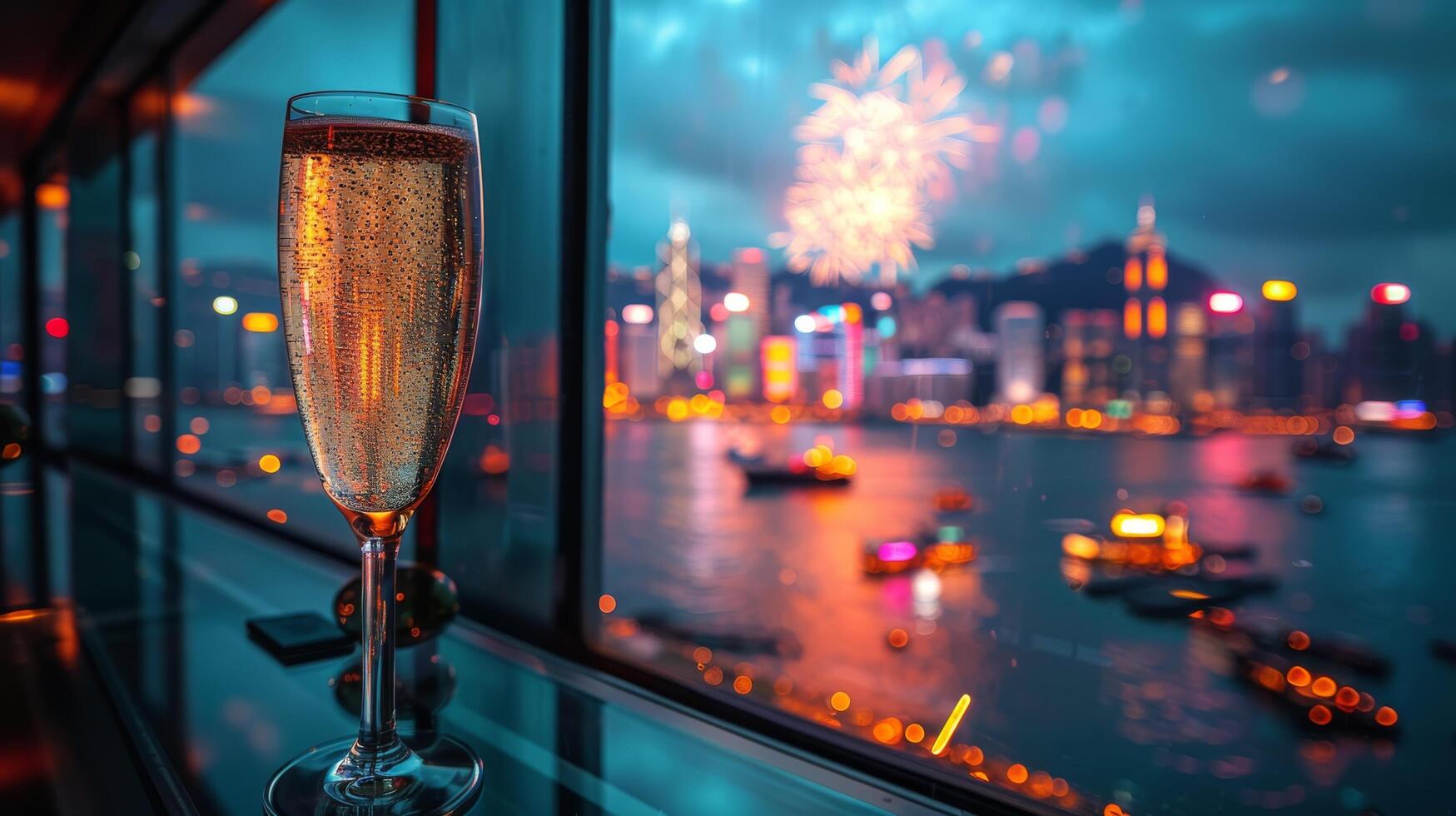 AI generated Glass of Champagne on Table by Window photo