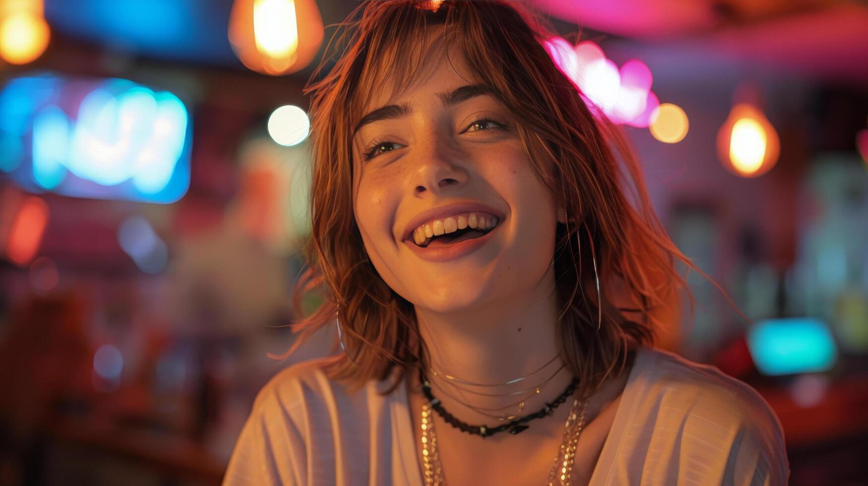 AI generated Woman Laughing in Bar With Neon Lights photo