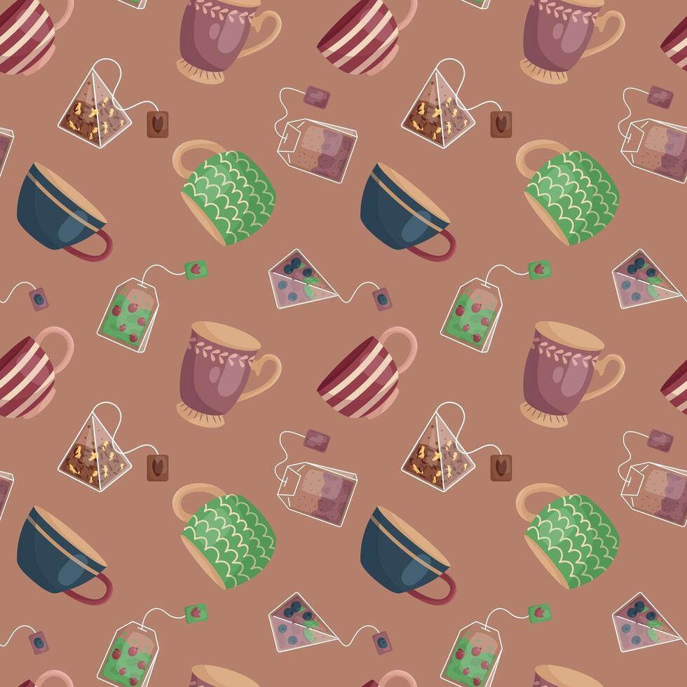 Vector pattern with mugs and tea bags