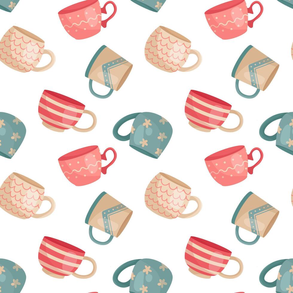 Vector pattern with pink, blue and beige mugs