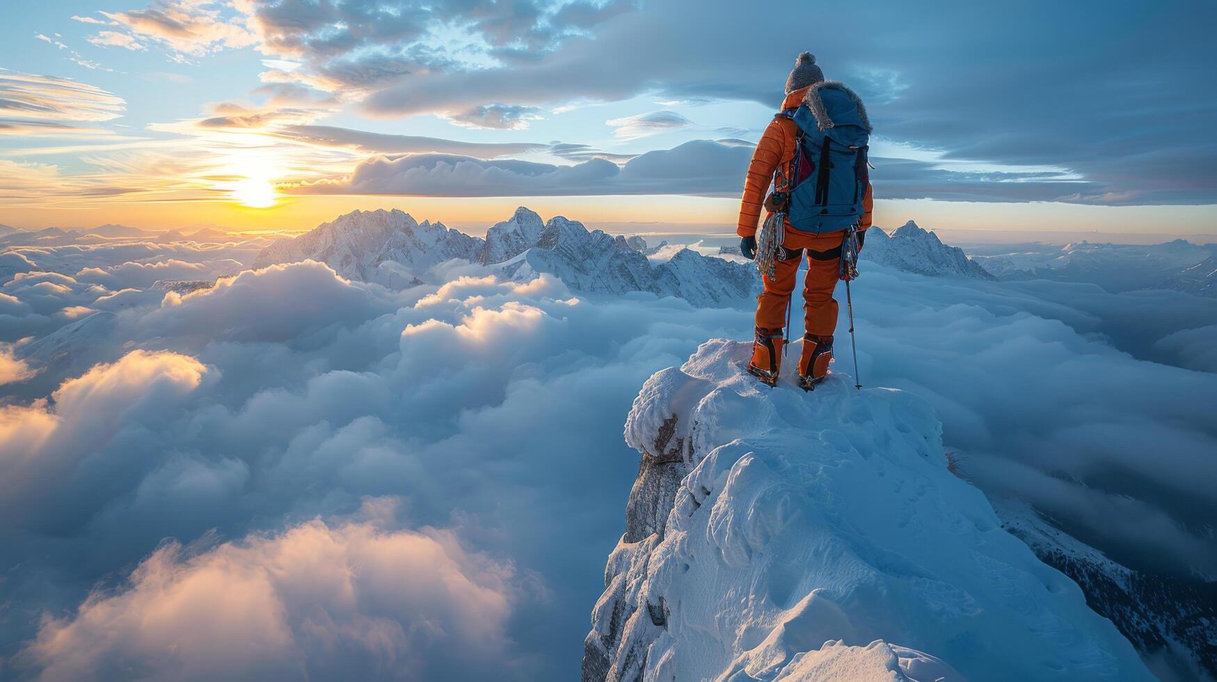 ai generado hombre en pie en nieve cubierto montaña foto