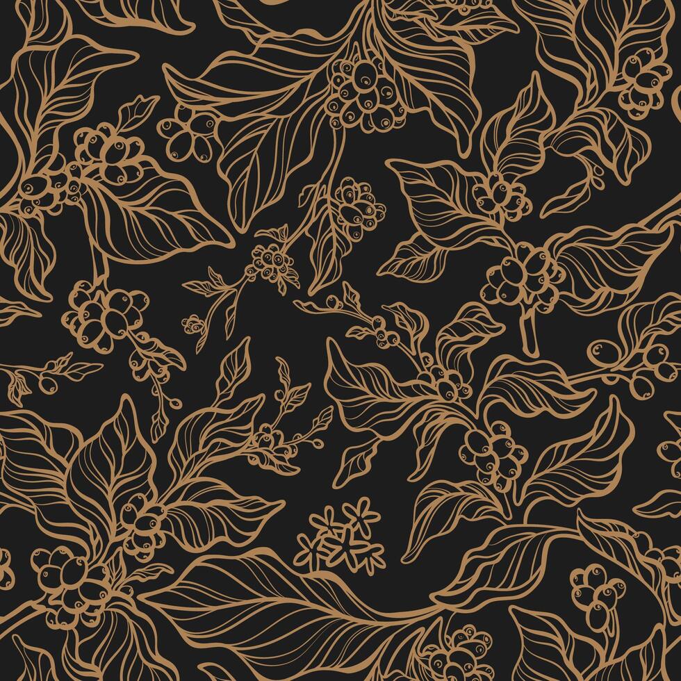 Vector vintage seamless pattern. Nature tree, coffee branch, leaf, bean, flower. Art hand drawn design, golden flora on black background, foliage, old garden in bloom. Floral print, embroidery