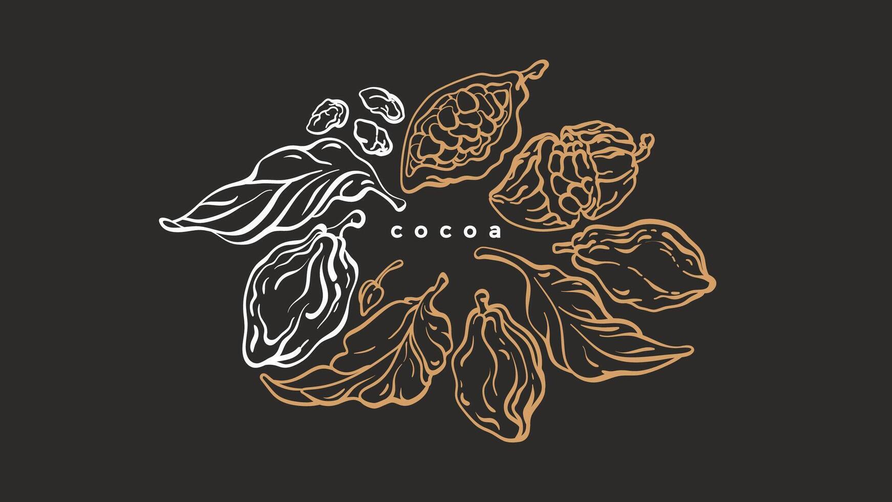Cocoa circle symbol. Vector graphic tree, branch, leaf, bean, fruit. Vintage hand drawn tropical card, nature wreath. Food illustration. Organic natural chocolate