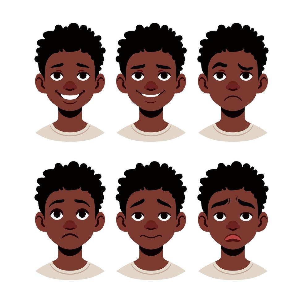 niño emociones - colocar. linda africano americano chico sonriente, enojado, triste. vector ilustración