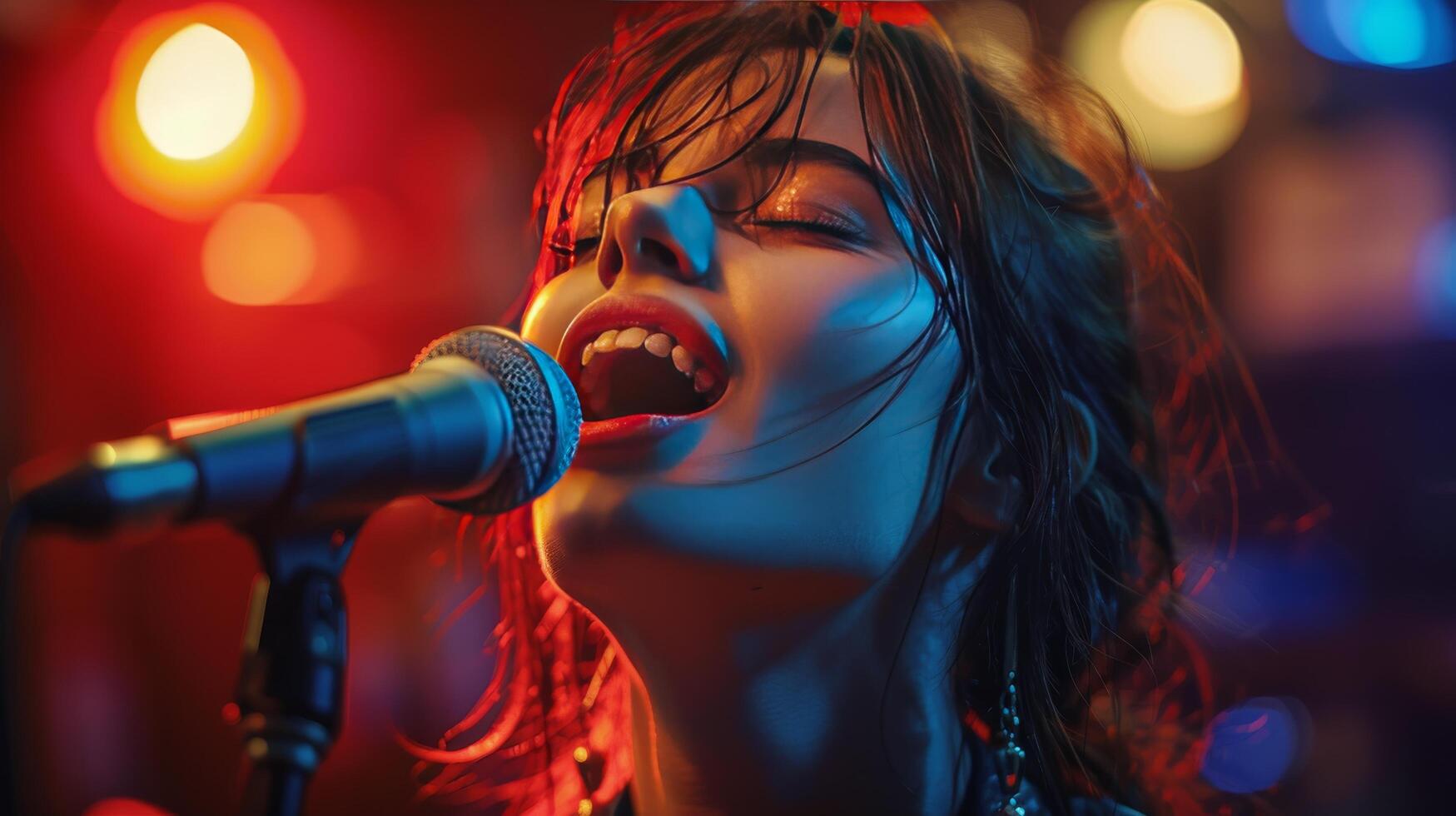 AI generated Woman Singing Into Microphone With Red Light photo