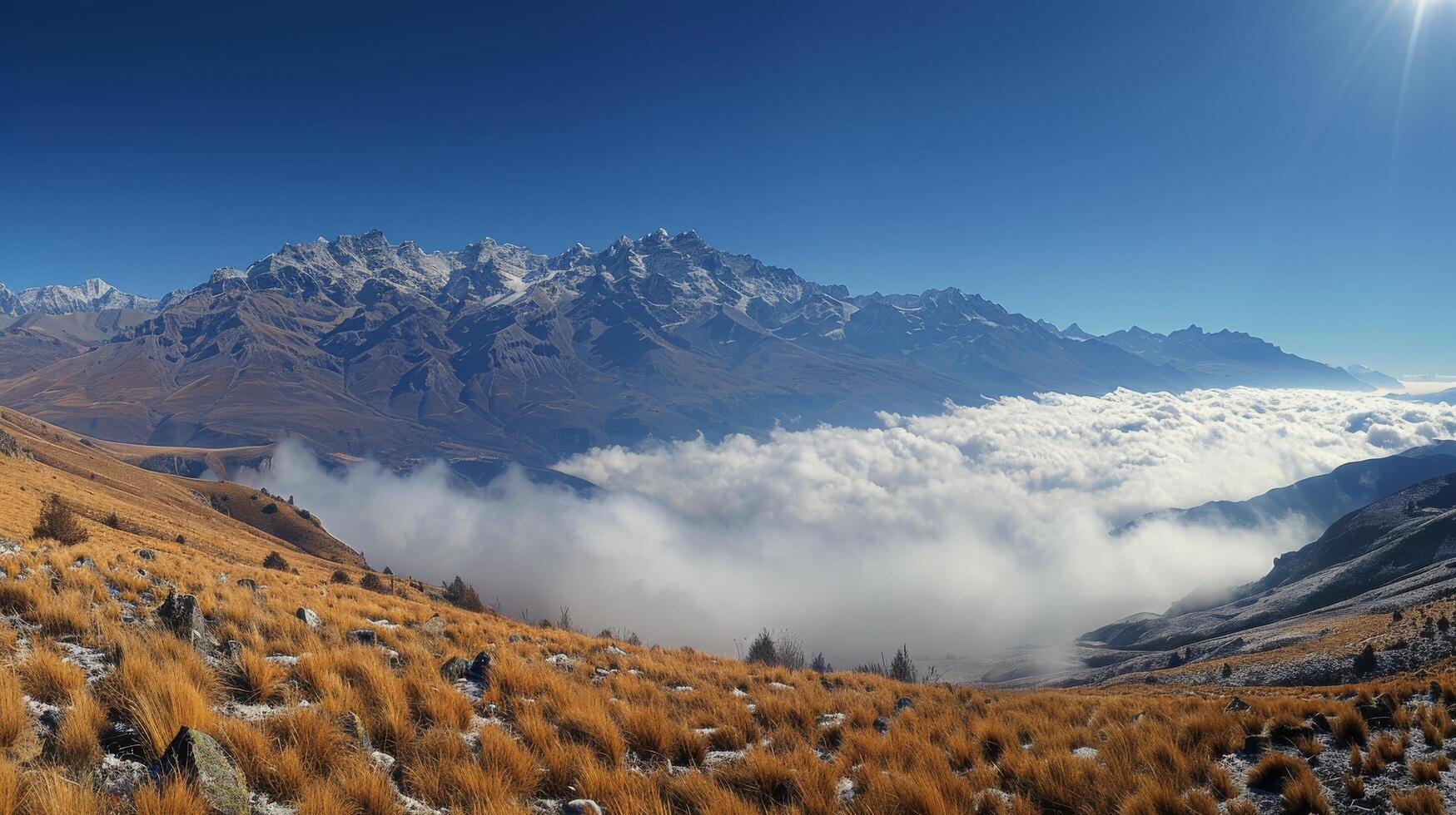 ai generado cubierto de nieve montaña rango en nubes foto