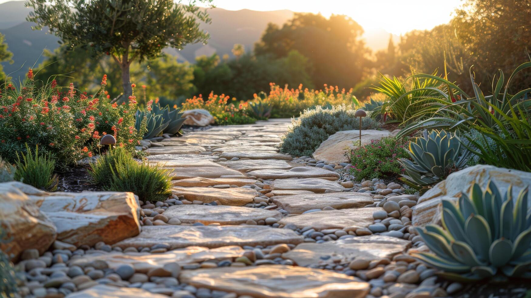 AI generated Stone Path Leading to House Surrounded by Greenery photo