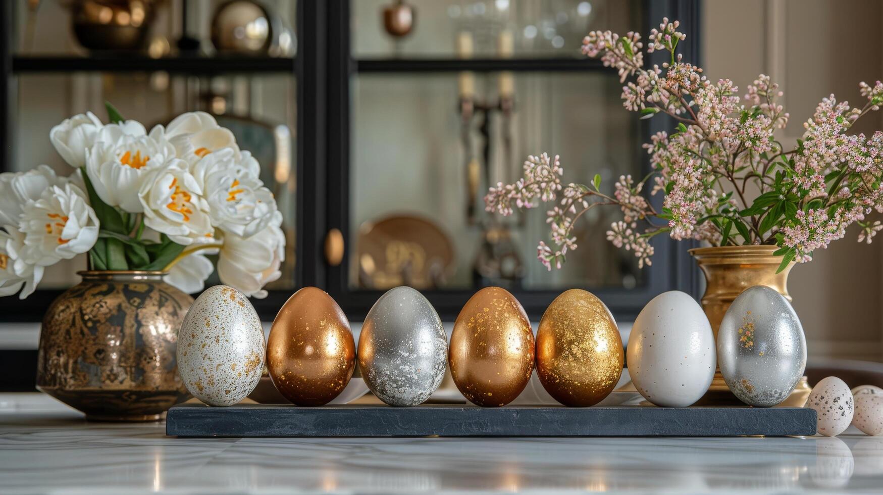 AI generated Table Display With Flower-Filled Vases and Eggs photo