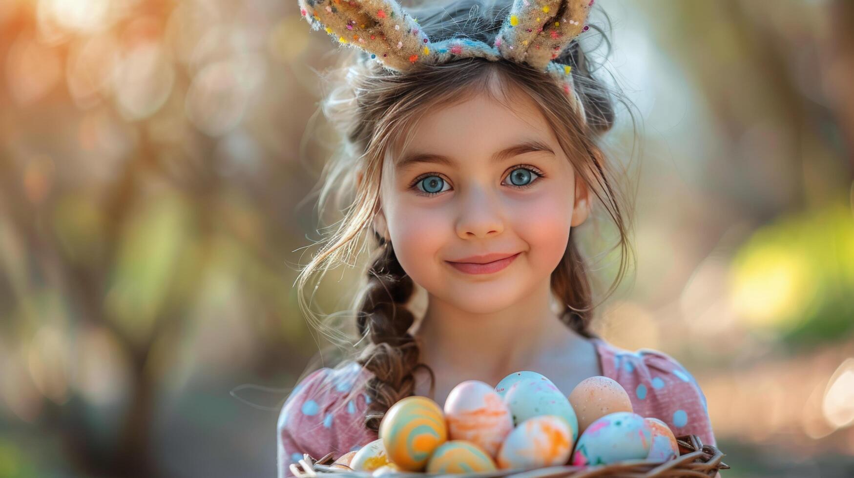 ai generado pequeño niña con conejito orejas participación cesta de huevos foto