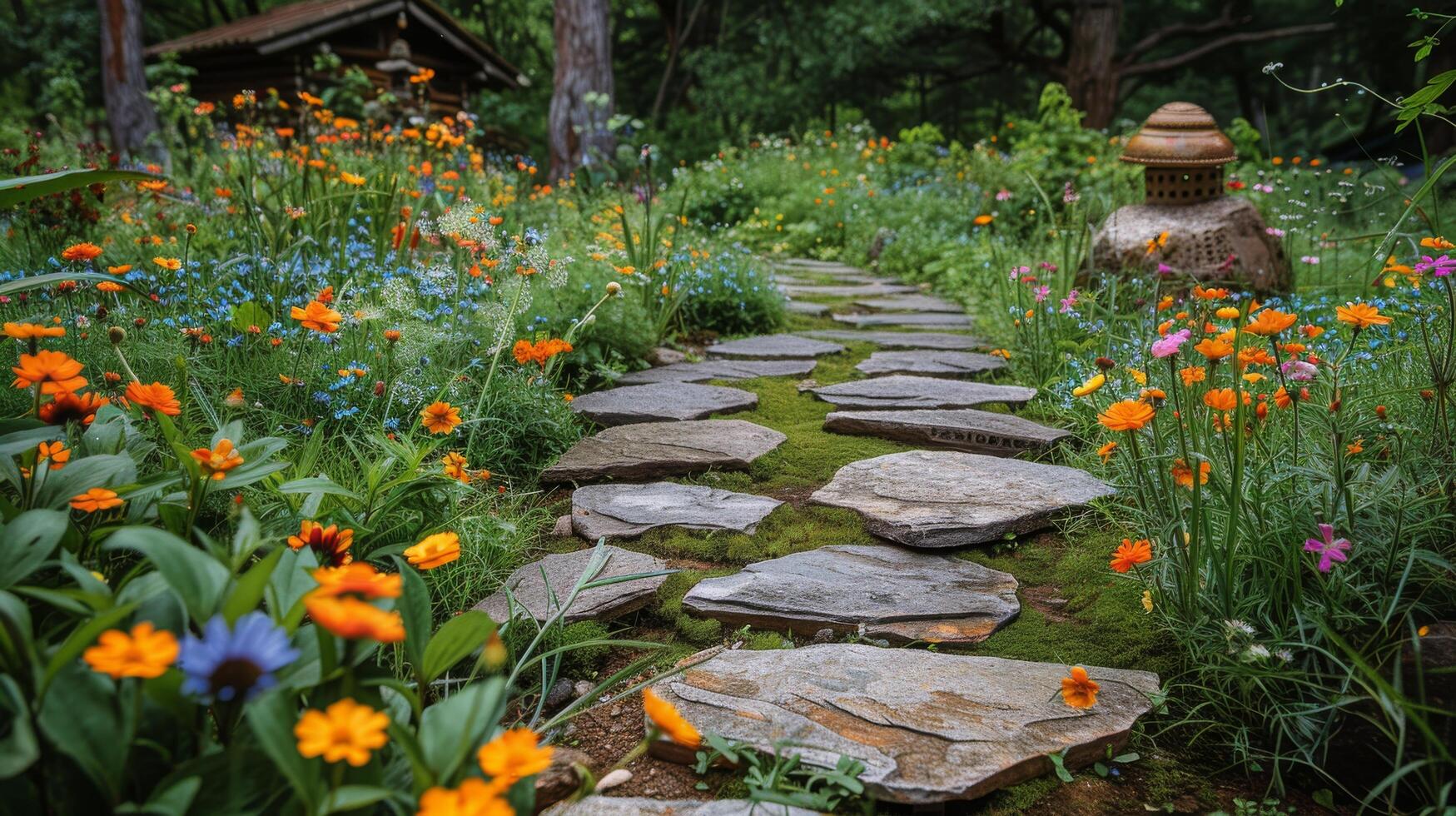 AI generated Garden With Rocks and Flowers photo