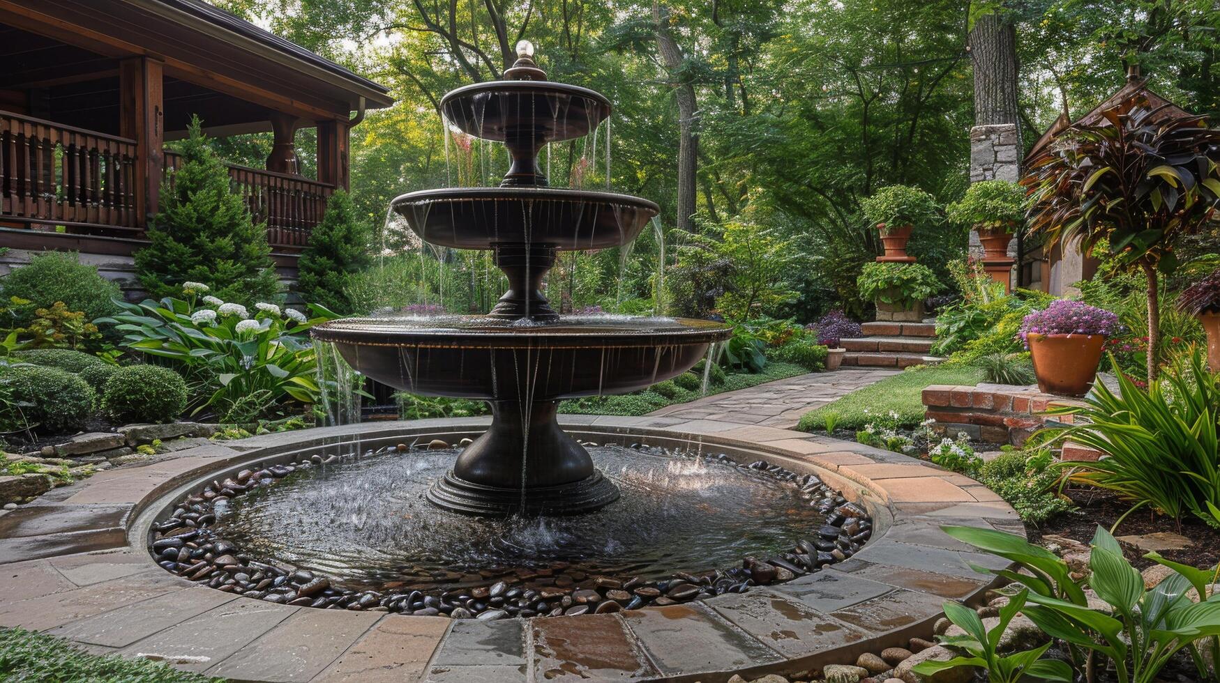 AI generated Water Fountain Surrounded by Rocks and Trees photo