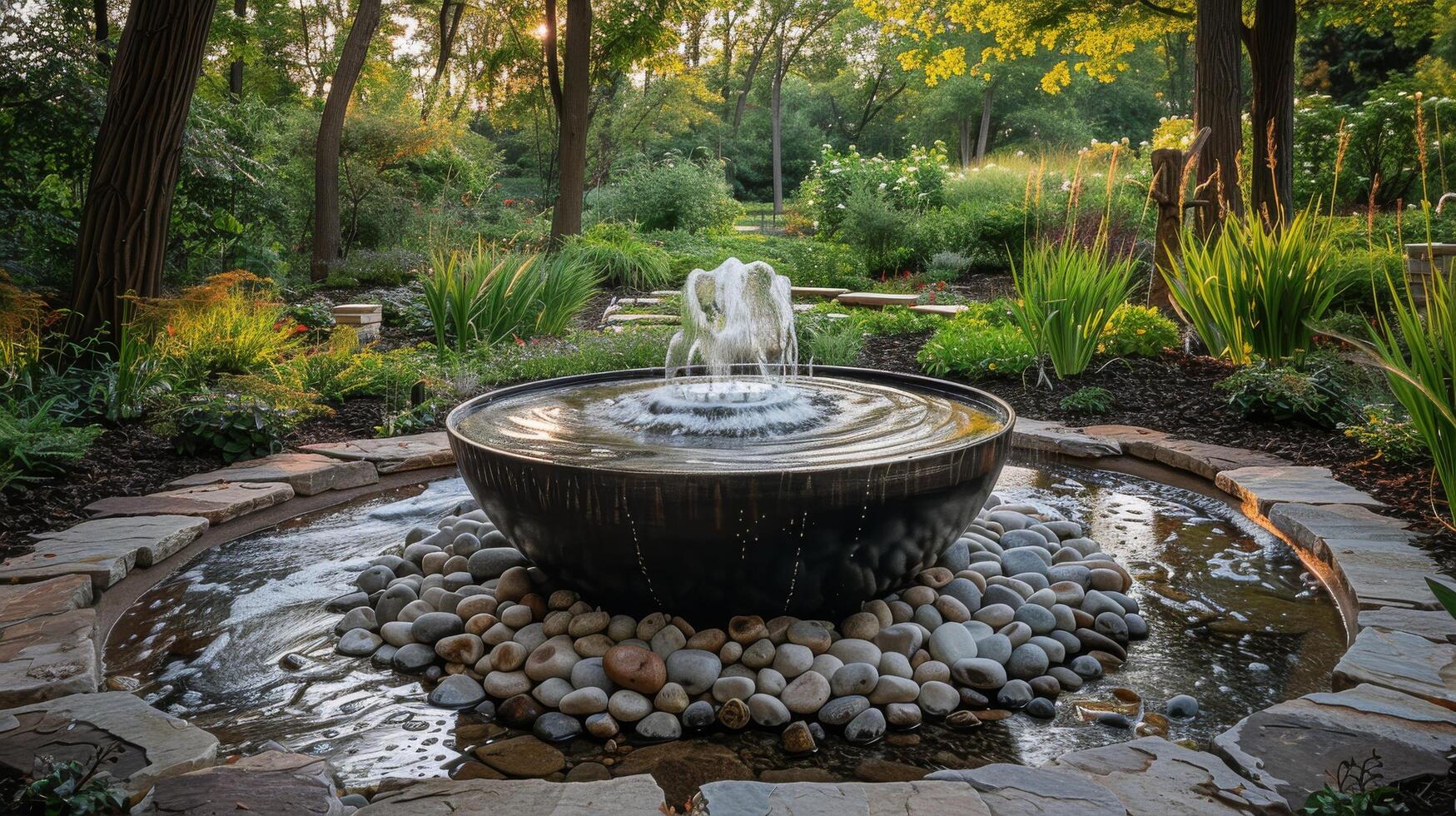 AI generated Water Fountain Surrounded by Rocks and Trees photo