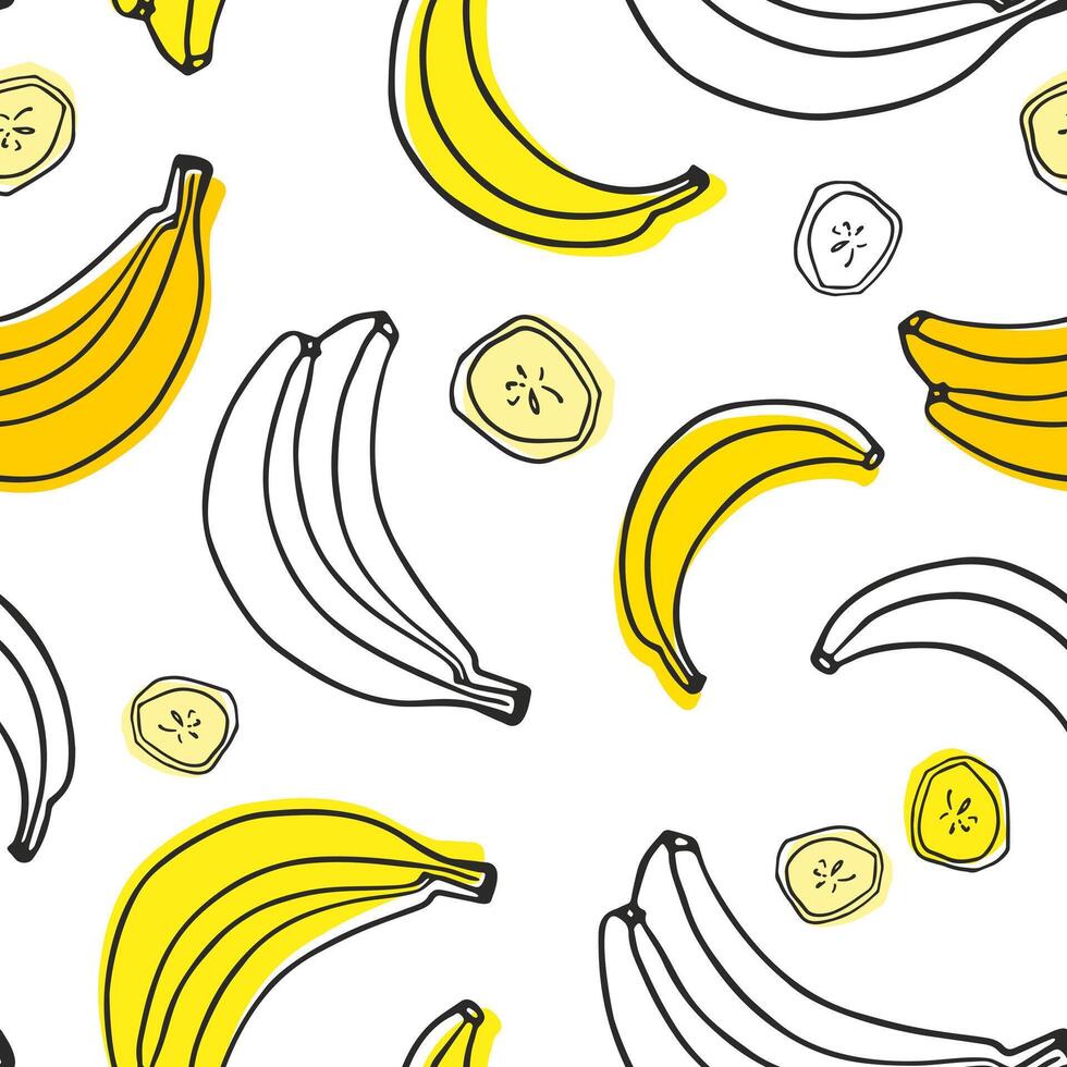 Seamless vector pattern on a white background with juicy and bright bananas. Doodle fruits.