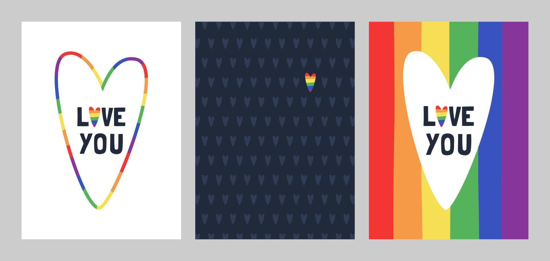 Vector set of greeting cards for pride month. LGBTQ illustration. Greeting card, poster, banner.