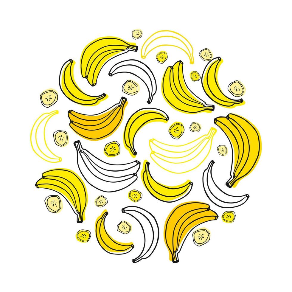 Fruit vector set of bright and juicy bananas. Doodle fruits. For wallpaper, wrapping paper, textile, postcards, web page background, interior decor, menu. Cartoon design.