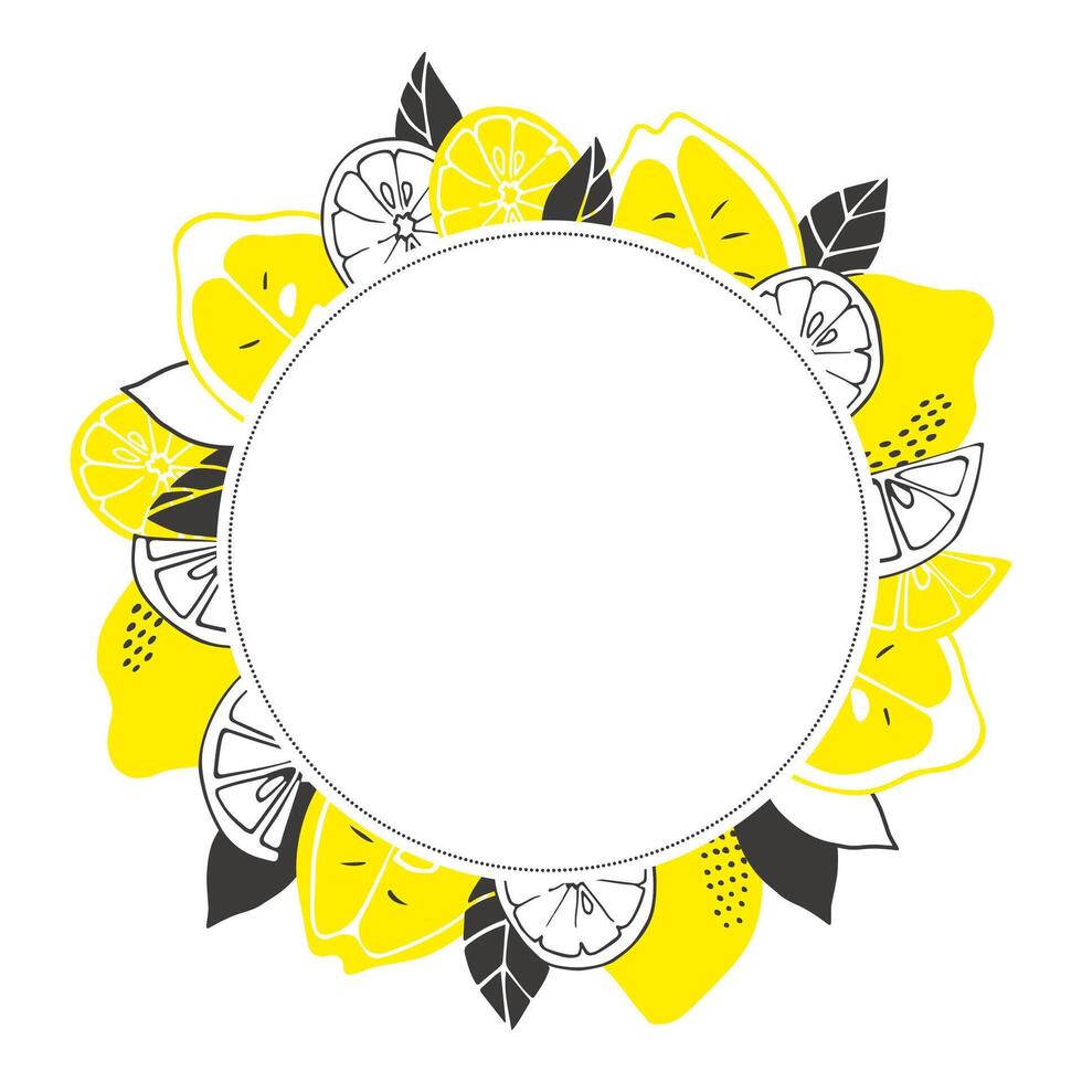 Vector decorative wreath with lemons, lemon slices, leaves. Place for your text. Can be used for menu, shop, poster, sticker, postcard. Cartoon design