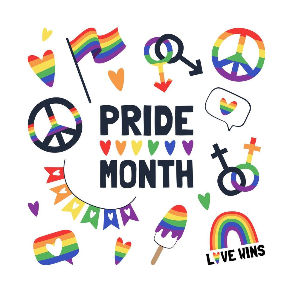 Set of vector elements for pride month. Symbols of the LGBT community.