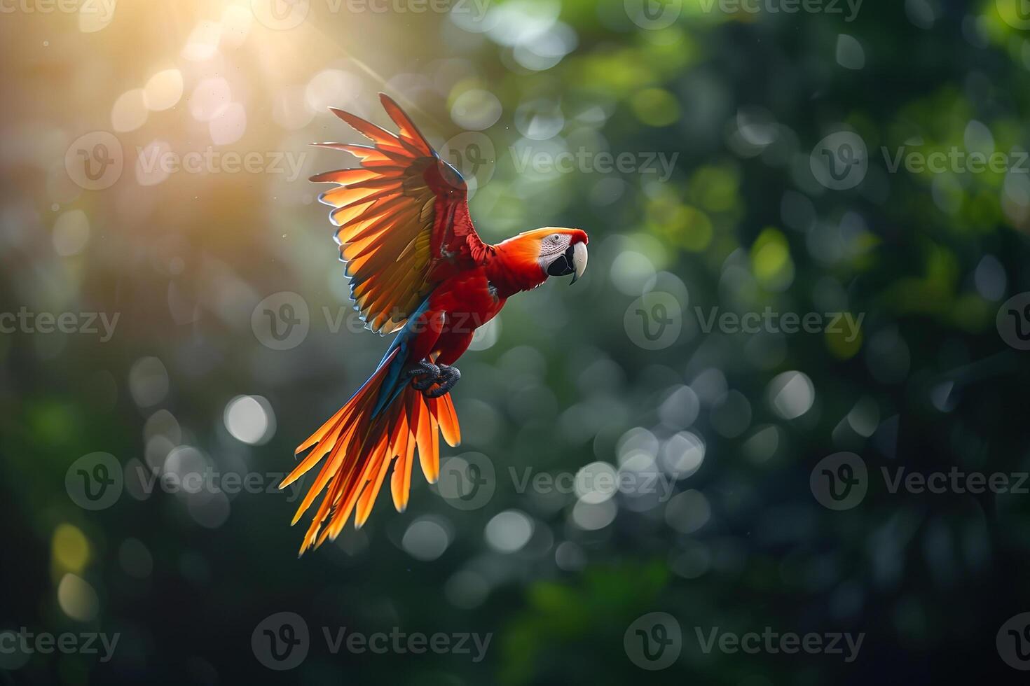 AI generated Scarlet Macaw flying in tropical forest.Generative AI photo