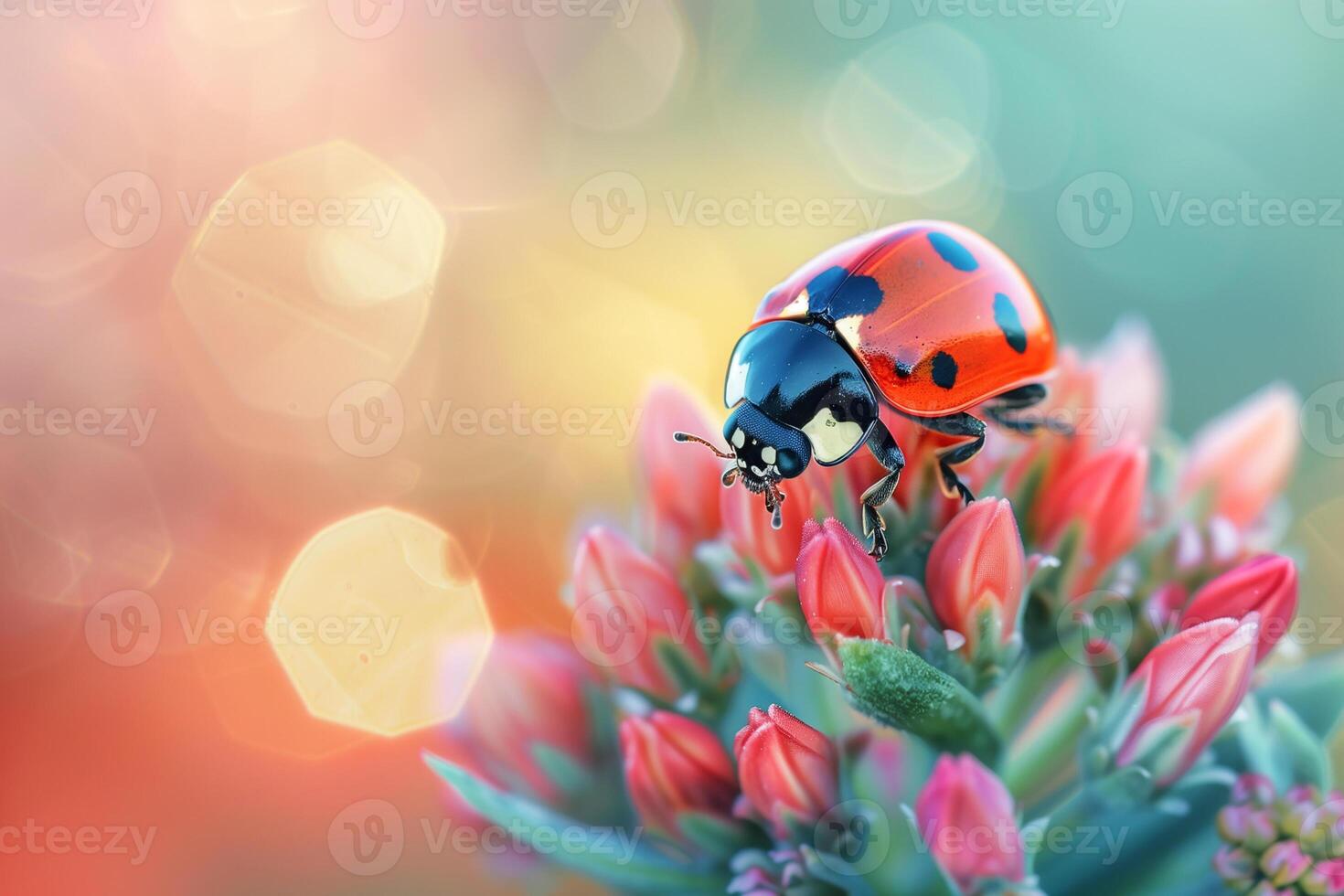 AI generated Red ladybug on a  flowers  beautiful insect in nature.Generative Ai photo