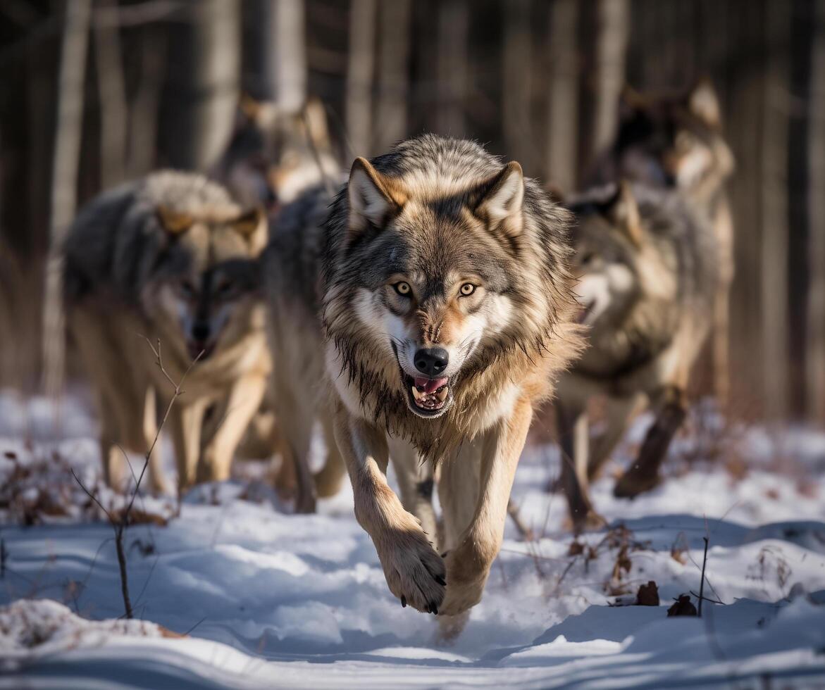 AI generated canadian wolf in winter forest.Generative Ai photo