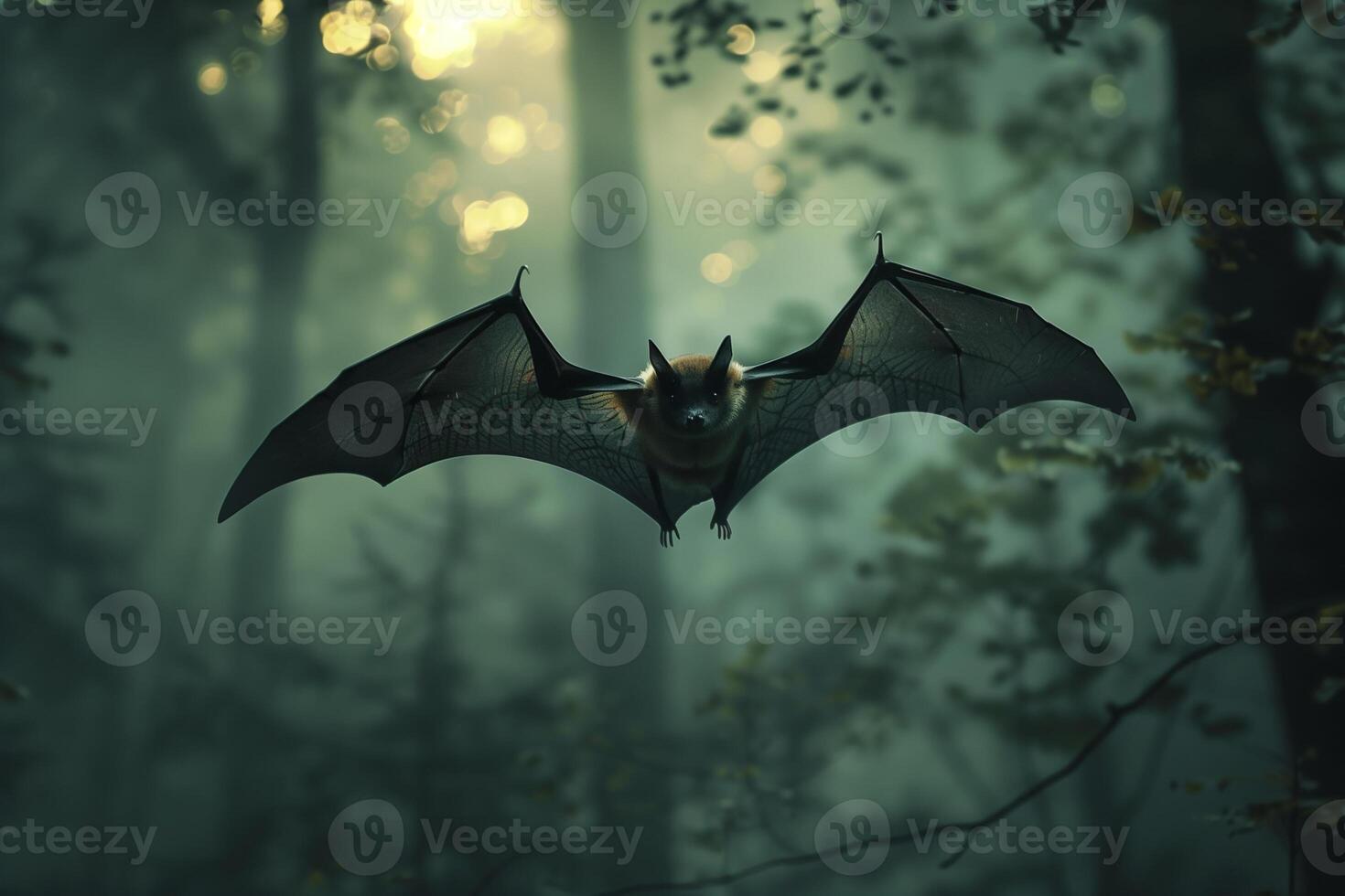 ai generado murciélago volador en oscuro bosque. generativo ai foto