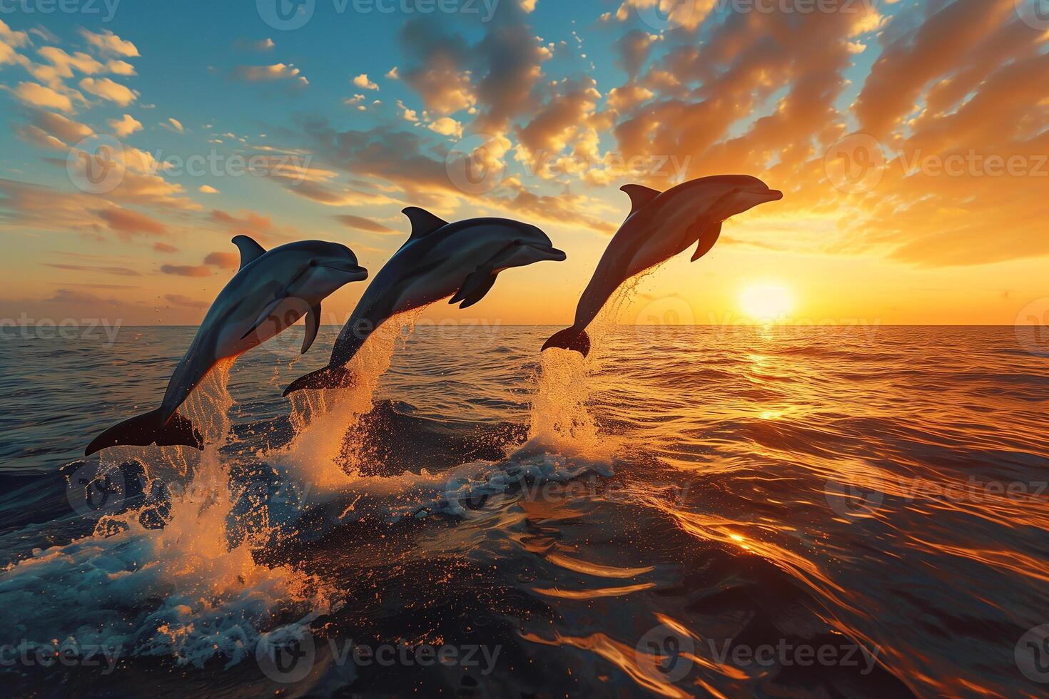 AI generated Dolphin jumping over the sea at sunset.Generative AI photo