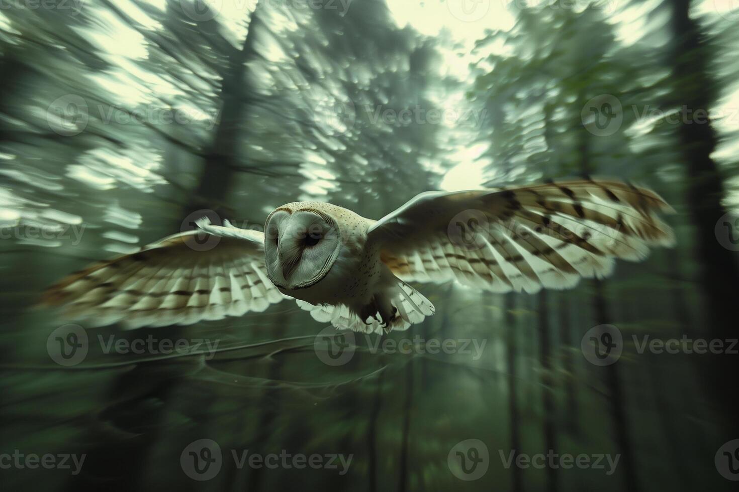 AI generated Barn Owl flying in forest wildlife scene.Generative Ai photo