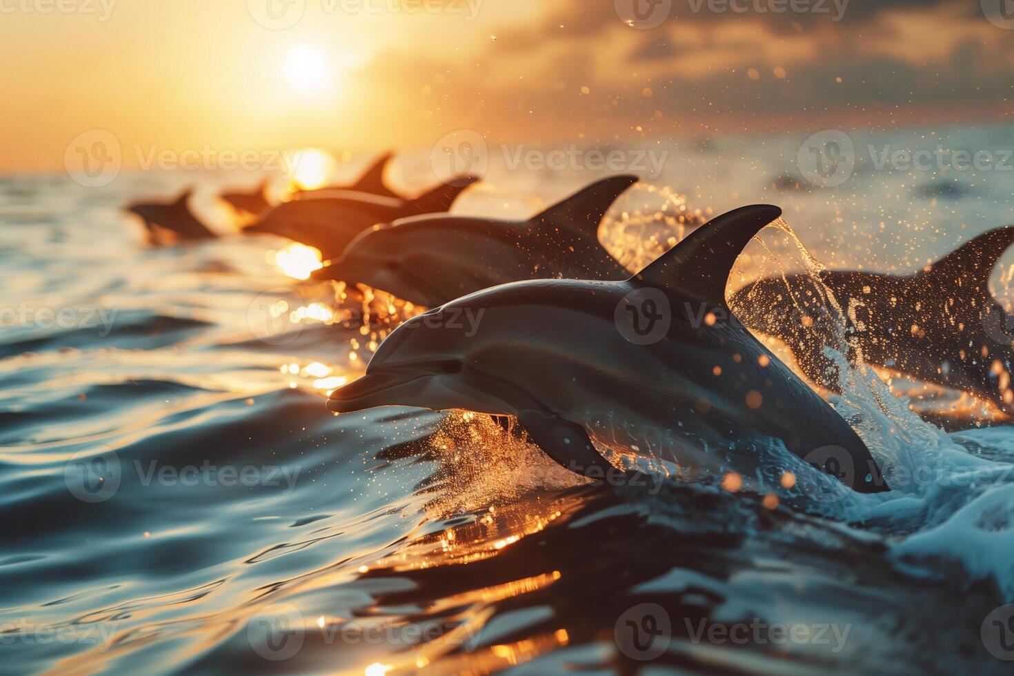 AI generated Dolphin jumping over the sea at sunset.Generative AI photo