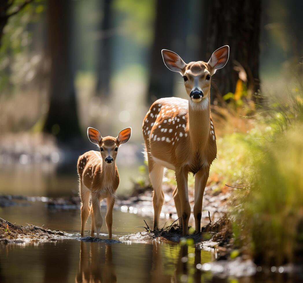 AI generated sika deer mother and fawn standing together.Generative Ai photo