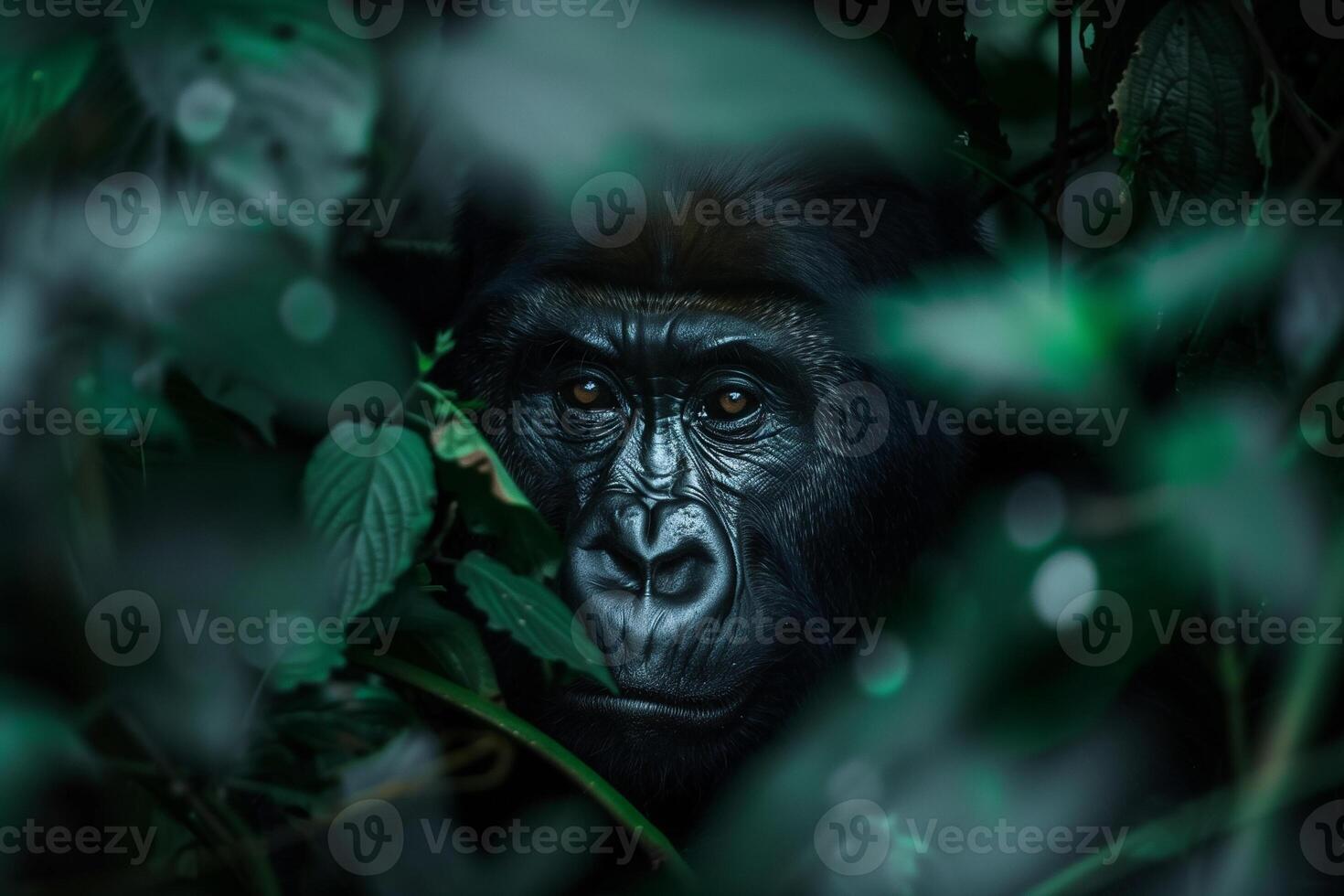 AI generated Portrait dominant male gorilla in forest.Generative Ai photo