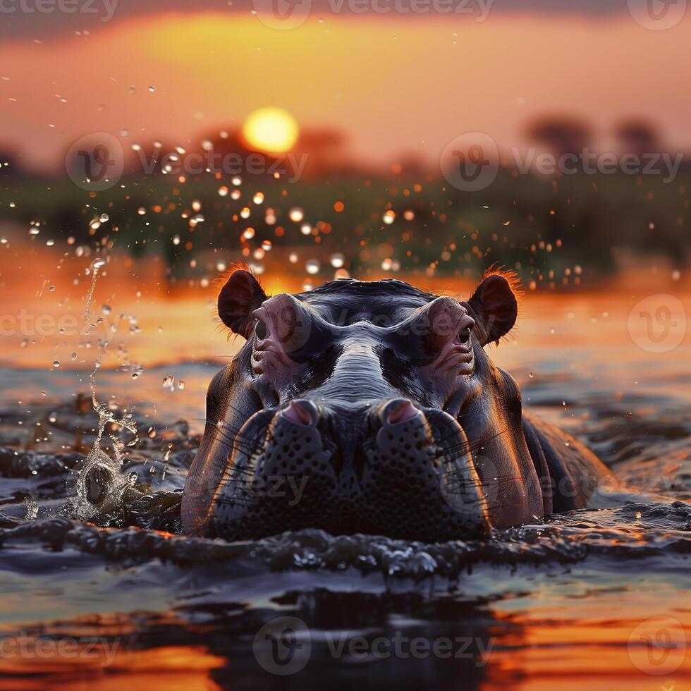 AI generated hippopotamus head submerged from water in the evening.Generative Ai photo