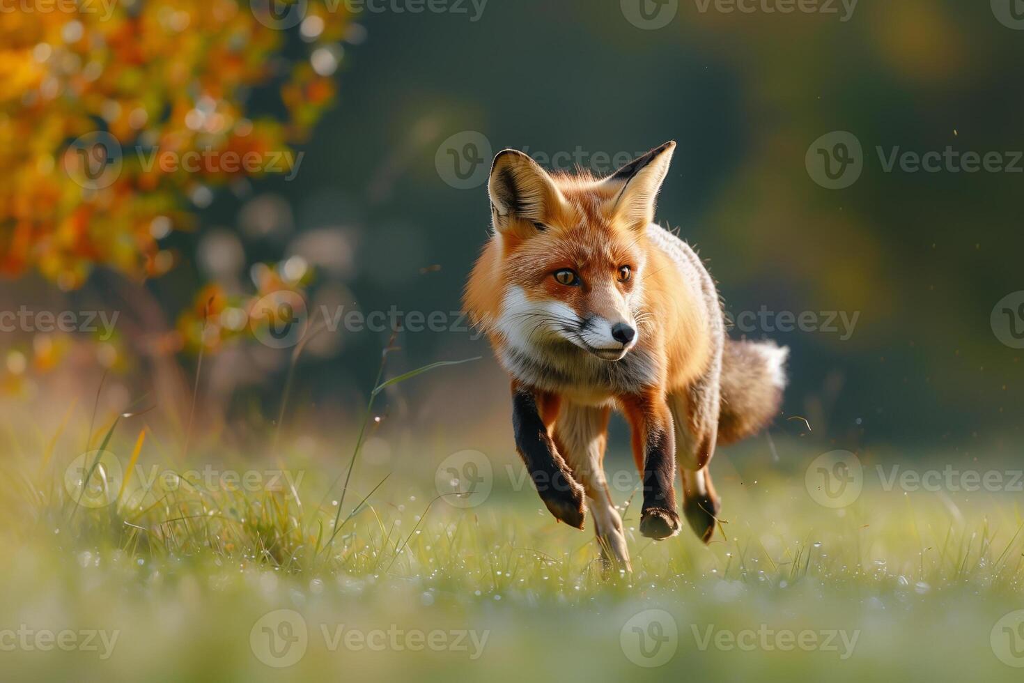 AI generated red fox running in a meadow.Generative AI photo